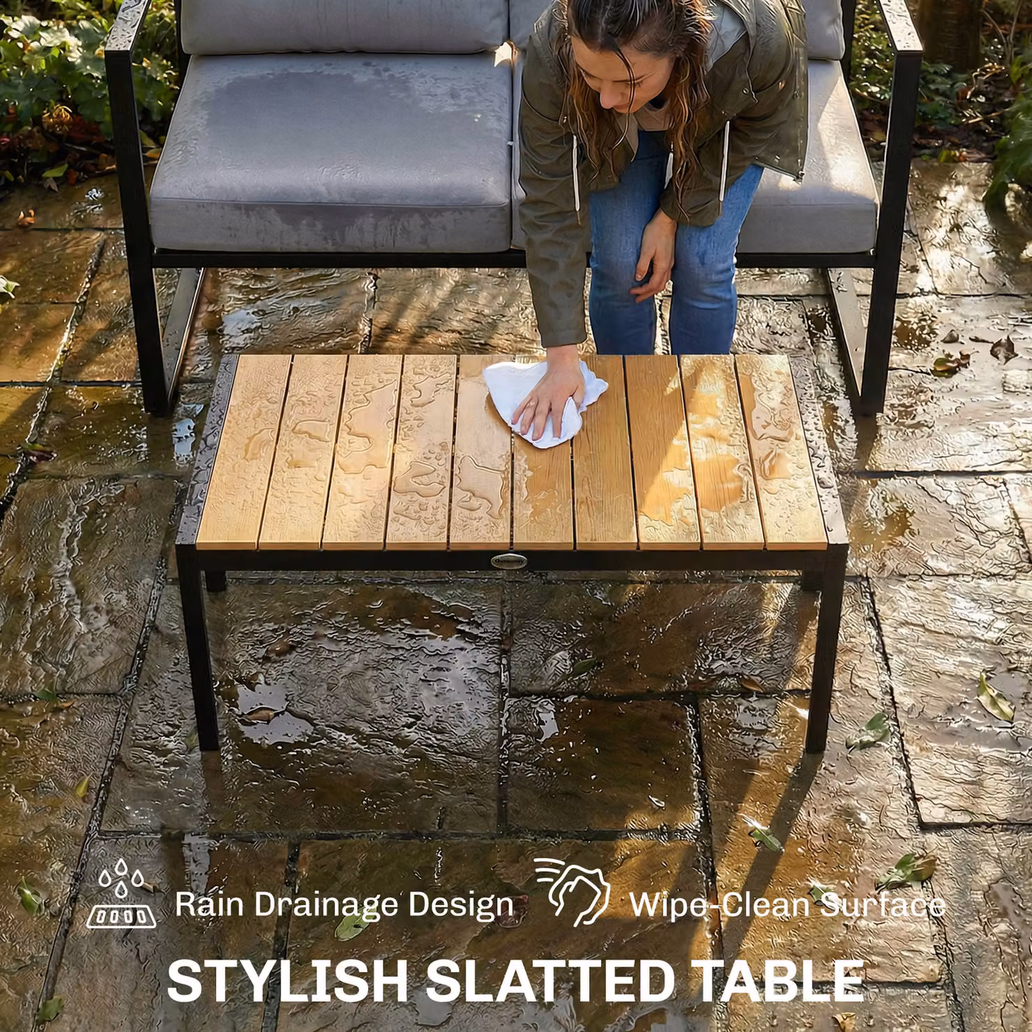 Outsunny 4 Piece Outdoor Garden Furniture Set with Slatted Table in Grey – 5