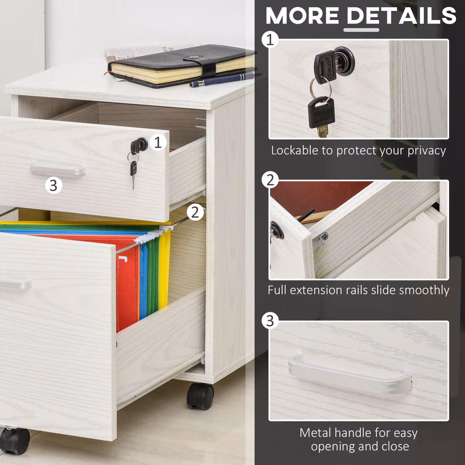 Vinsetto 2-Drawer Locking Rolling Office Filing Cabinet in White – 4