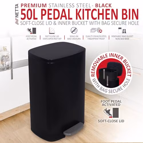 NETTA 50L Stainless Steel Kitchen Pedal Bin in Black with Soft Close Lid and Removable Inner Bucket – 2