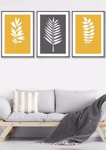 ARTZE Boho Botanical Leaves Framed Wall Art in Yellow, Grey and White, W: 53 cm, H: 73 cm, D: 0.2 cm