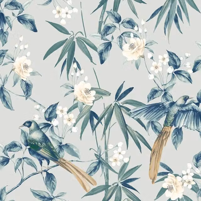 Erfurt Oriental Floral Botanical Animal Wallpaper in Grey, Blue and Green