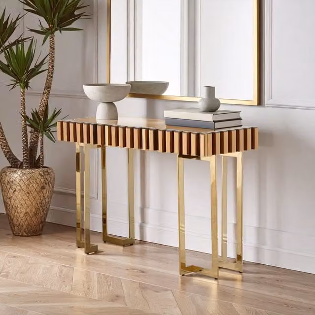 Premier Orsina Contemporary Gold Console Table with Glass Top, W/D/H: 124 x 43 x 80 cm – 1