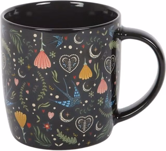 KDMK Midnight Bloom Floral Ceramic Mug, Black and Multicolour, 350 ml, Microwave and Dishwasher Safe