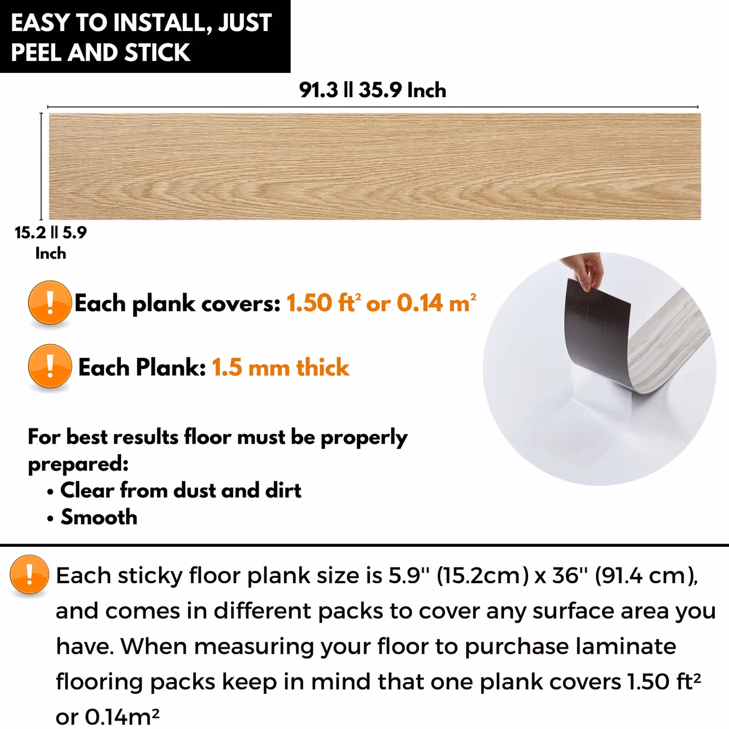 Novecrafto Self Adhesive Wood Look Vinyl Floor Planks, 7 Pack, Beige and Brown, W: 91.4 cm, D: 15.2 cm – 2
