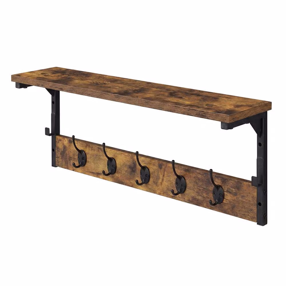 Levede Wall Mounted Wooden Coat Rack with 7 Hooks and Shelf, Brown and Black, W: 70 cm, D: 25 cm, H: 7 cm – 2