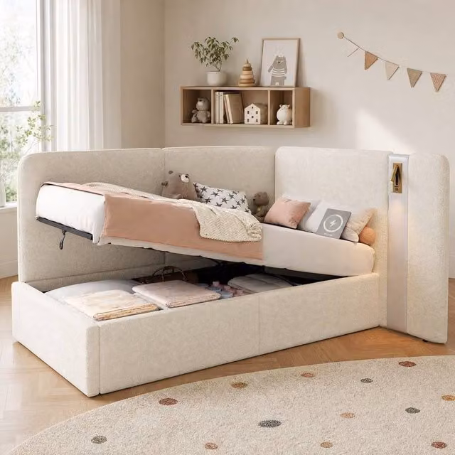 STILVORA Modern Upholstered Single Bed Frame with Lift Up Storage, Integrated Reading Light and USB Charging Port, Beige Bouclé, W/D/H: 90 x 190 x 136 cm