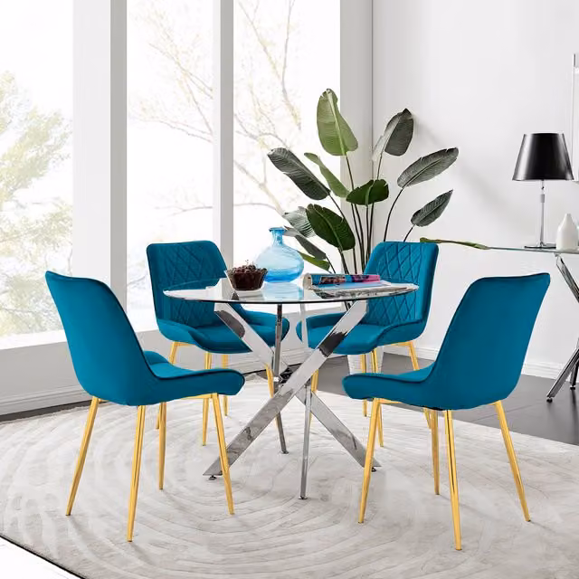 FurnitureboxUK Novara Gold Round Glass Dining Table and 4 Pesaro Gold Leg Chairs in Blue