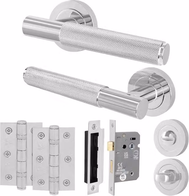 AFIT Polished Chrome Bathroom Door Handle with Rose, WC Lock and Hinges, Silver, 150 x 150 mm – 1