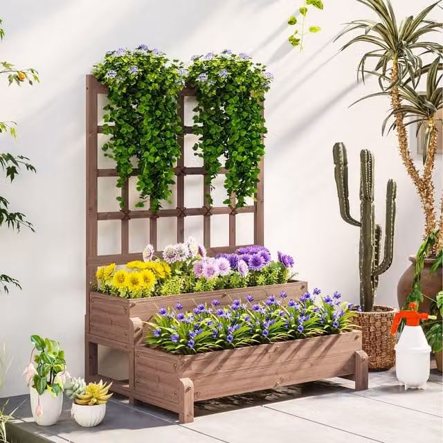 Outsunny 2-Tier Wooden Raised Bed Planter in Brown