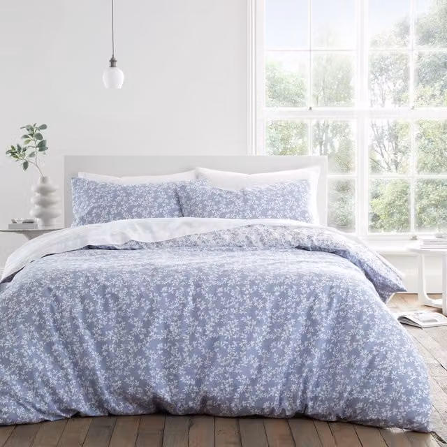 Bianca Shadow Leaves Reversible 200TC Cotton Percale Duvet Cover Set in Blue, 200 x 200 cm