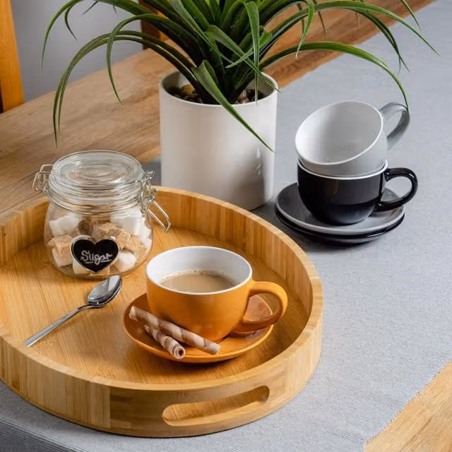 Argon Tableware 12-Piece Three-Tone Stoneware Cappuccino Cup and Saucer Set in Yellow, Grey and Black, 250ml