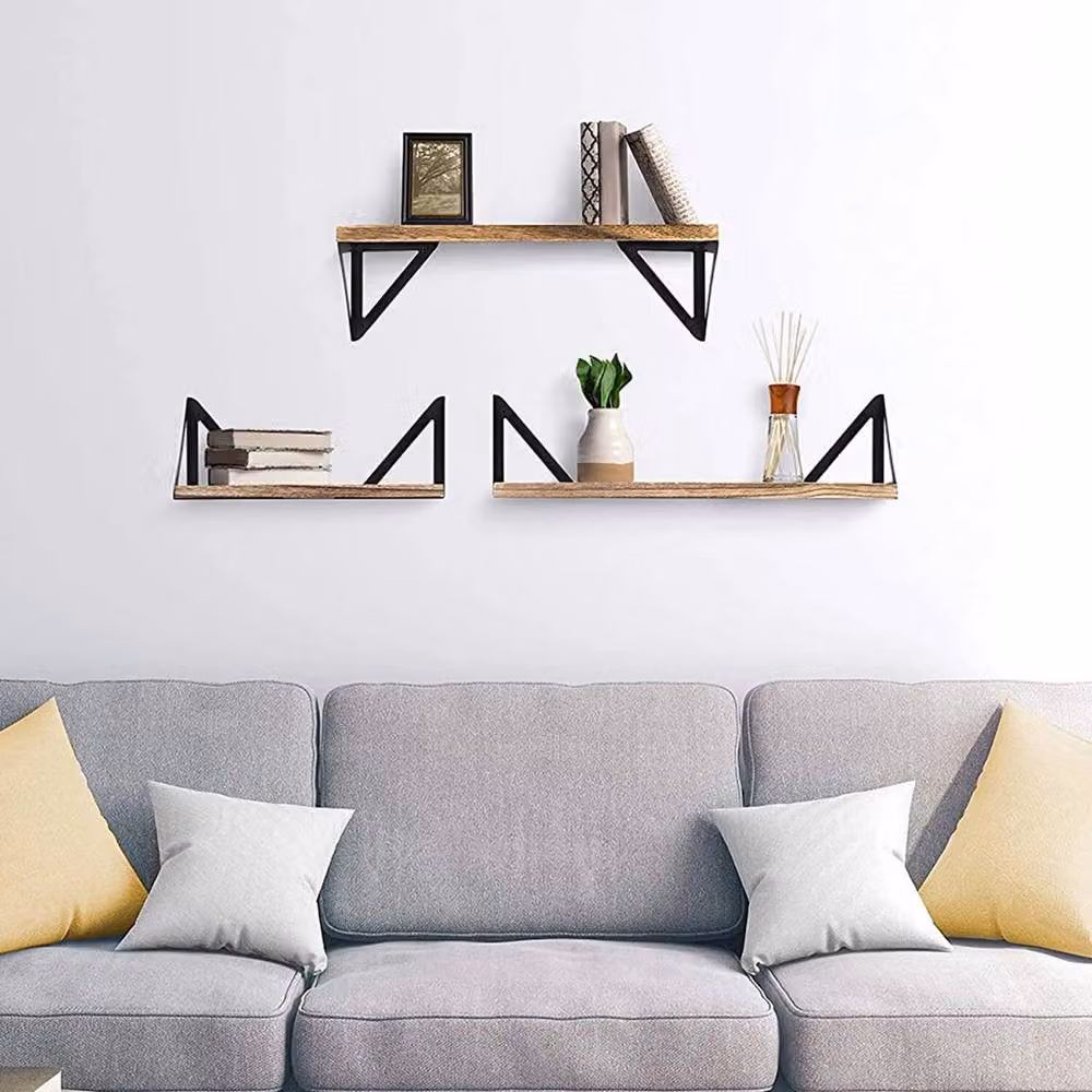 NESTLUNE Set of 3 Rustic Natural Burned Wood Floating Wall Mounted Shelves, Brown, W: 100 cm, D: 15 cm – 5