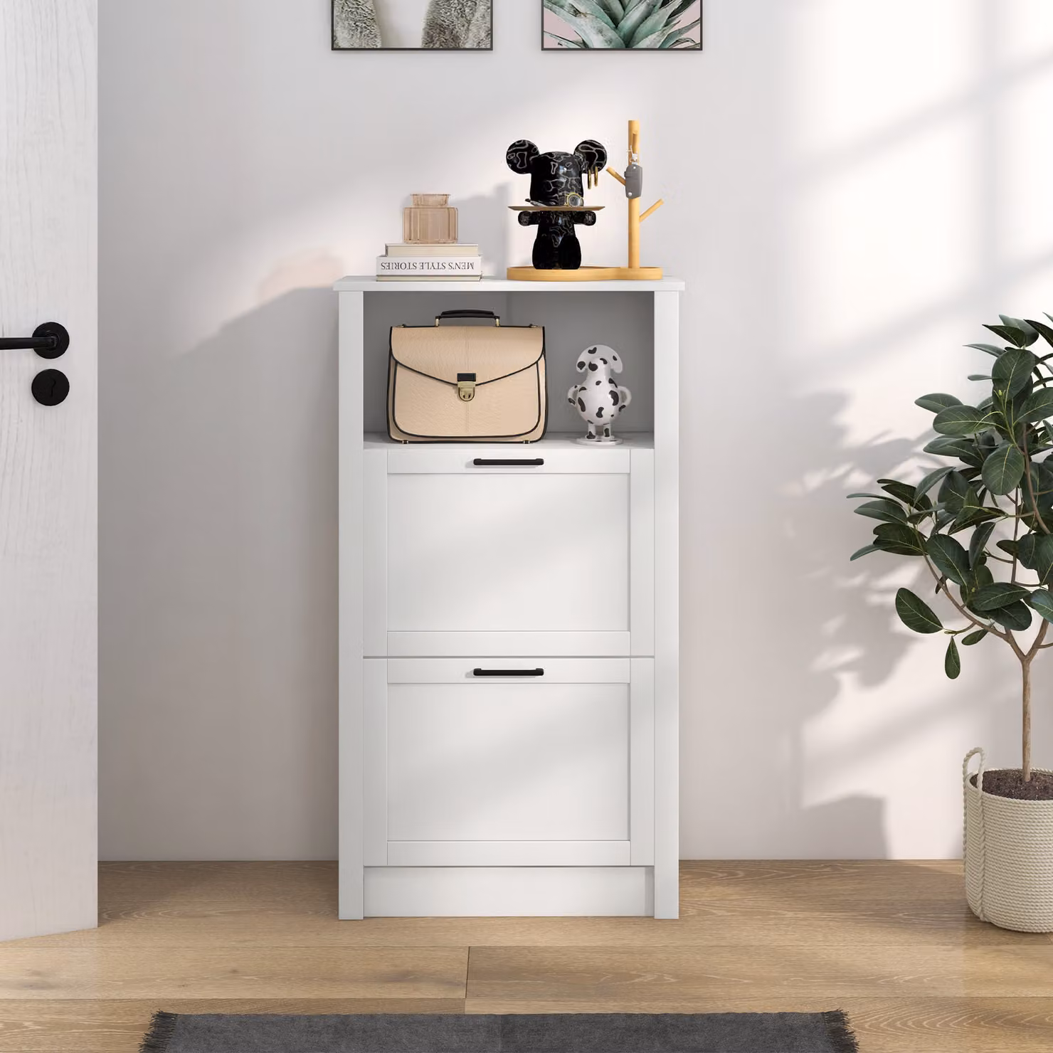 HOMCOM Modern White Shoe Cabinet with 2 Tilting Drawers and Open Compartment, Holds 10 Pairs – 2