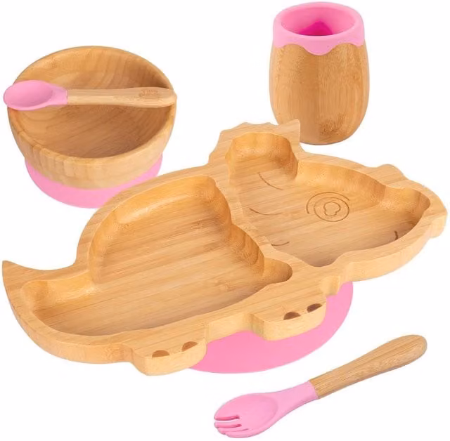 Tiny Dining 5pc Bamboo Dinosaur Baby Weaning Set in Pink