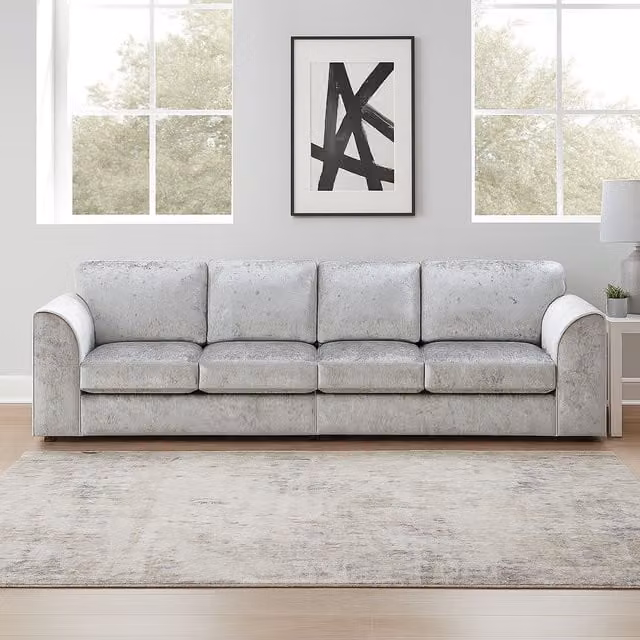 Furnishings For Less UK Silver Crystal Crushed Velvet 4 Seater Curved Sofa with Scatter Cushions