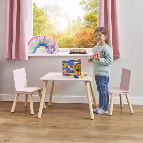 Liberty House Toys Kids Pink and Pine Wood Table and 2 Chairs Set, H44 x W60 x D60 cm