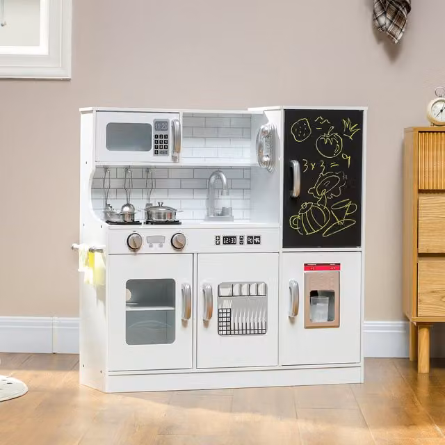 AIYAPLAY Pretend Toy Kitchen in White Wood and Stainless Steel