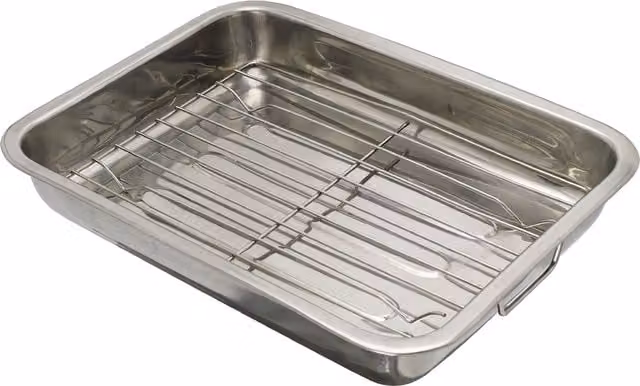 Buckingham Stainless Steel Rectangular Open Roasting Pan with Rack and Handles, Silver