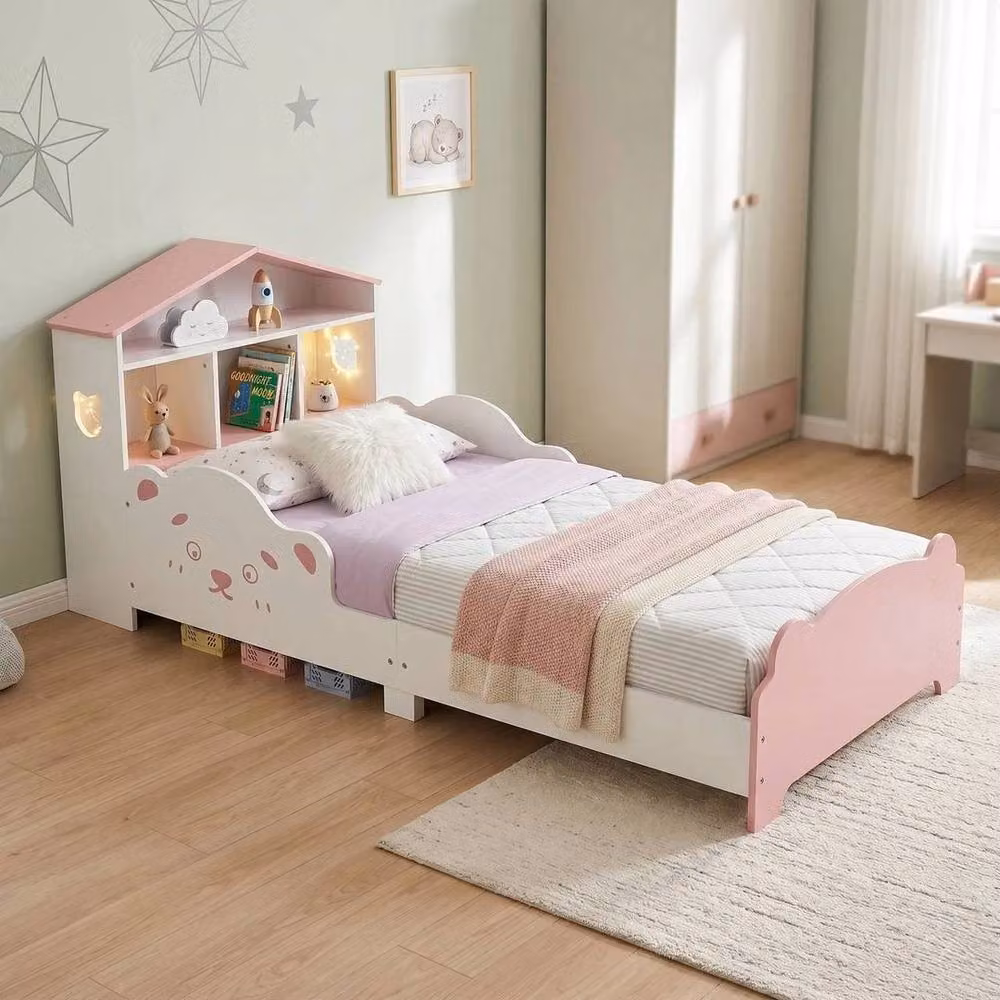 PAWNORA Solid Wood Toddler Bed Frame with House Design and Side Compartments, Pink – 2
