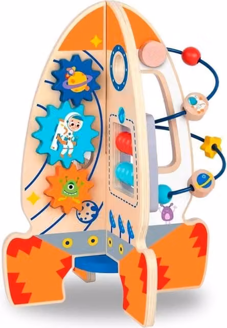 Tooky Toy Wooden Rocket Bead Maze and Shape Play Activity Toy in Multicolour and Orange