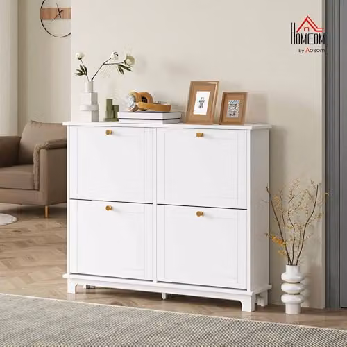 HOMCOM Modern Narrow Shoe Storage Cabinet with Tilting Compartments and Internal Shelves, White and Gold – 2
