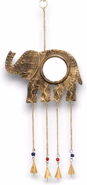 KDMK Indian Chimes Elephant Hanging Mirror with 4 Bells in Gold and Brass