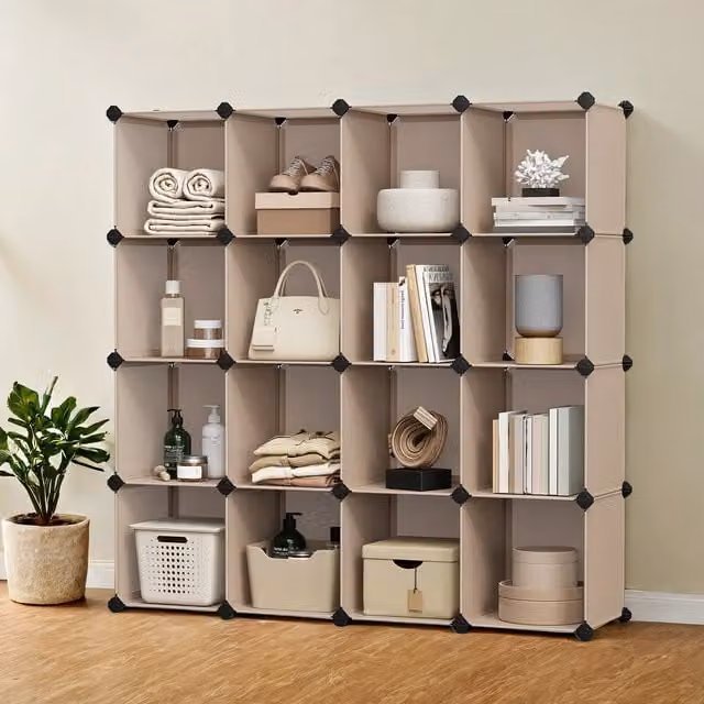 SONGMICS Modular 16-Cube Shoe Rack in Brown