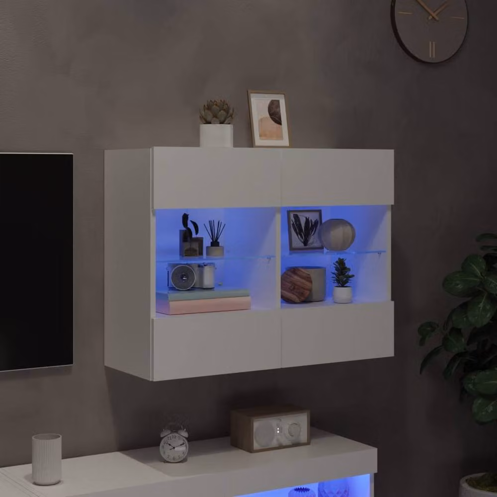 Berkfield Home Modern White Glossy Wall Mounted TV Cabinet with Integrated LED Lighting and Internal Shelves, W/D/H: 78.5 x 30 x 60.5 cm – 3