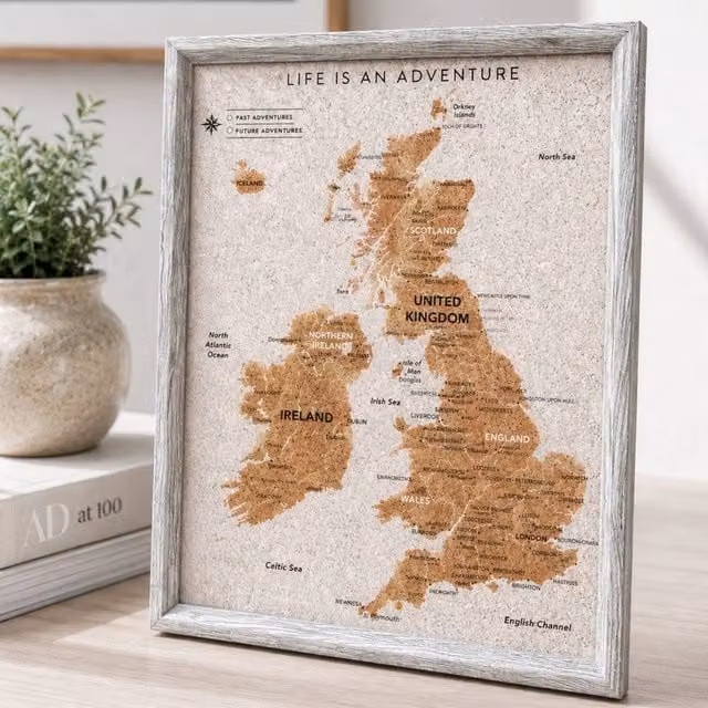 Fragranced Humour UK Cork Map Board with Push Pins in Grey, W/D/H: 30 x 2 x 25 cm