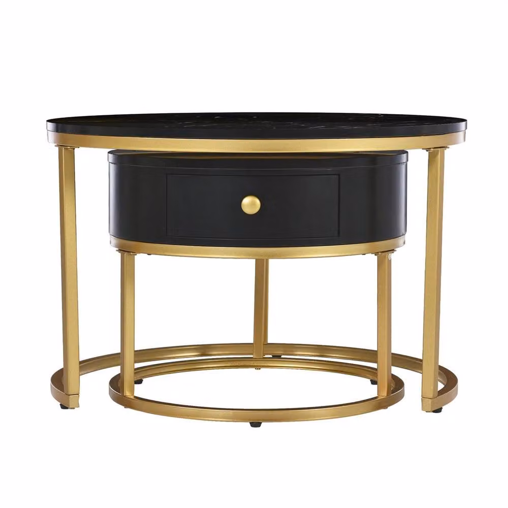 ERGOVEXA Black Marble Effect Round Coffee Table and Side Tables with Storage Drawer – 5