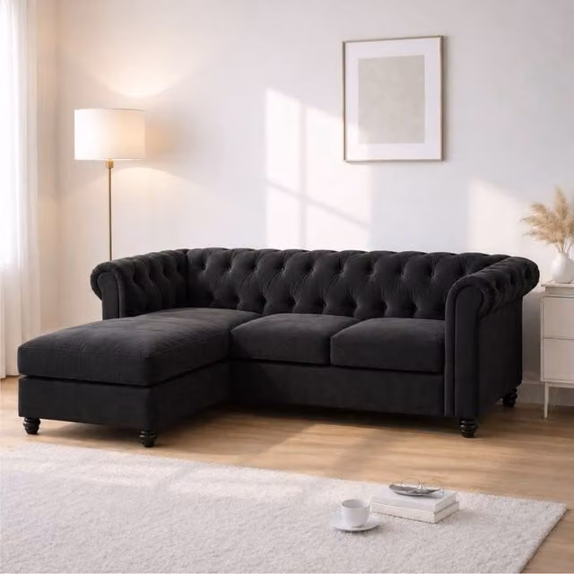 Sofaya Hampton 3 Seater L Shape Chesterfield Sofa in Black Velvet with Left Hand Chaise