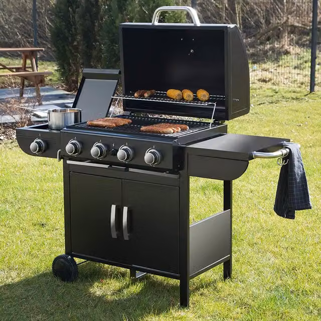 Livingandhome Outdoor Gas BBQ Grill Trolley with Side Shelf, Warming Rack and Thermometer, Black