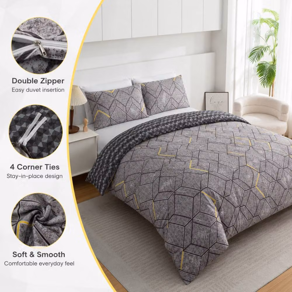 Lazzaro Single Reversible Duvet Cover and Pillowcase Set in Grey, Premium Brushed Microfibre, W/H: 135 x 200 cm, Pillowcase: 50 x 75 cm – 7