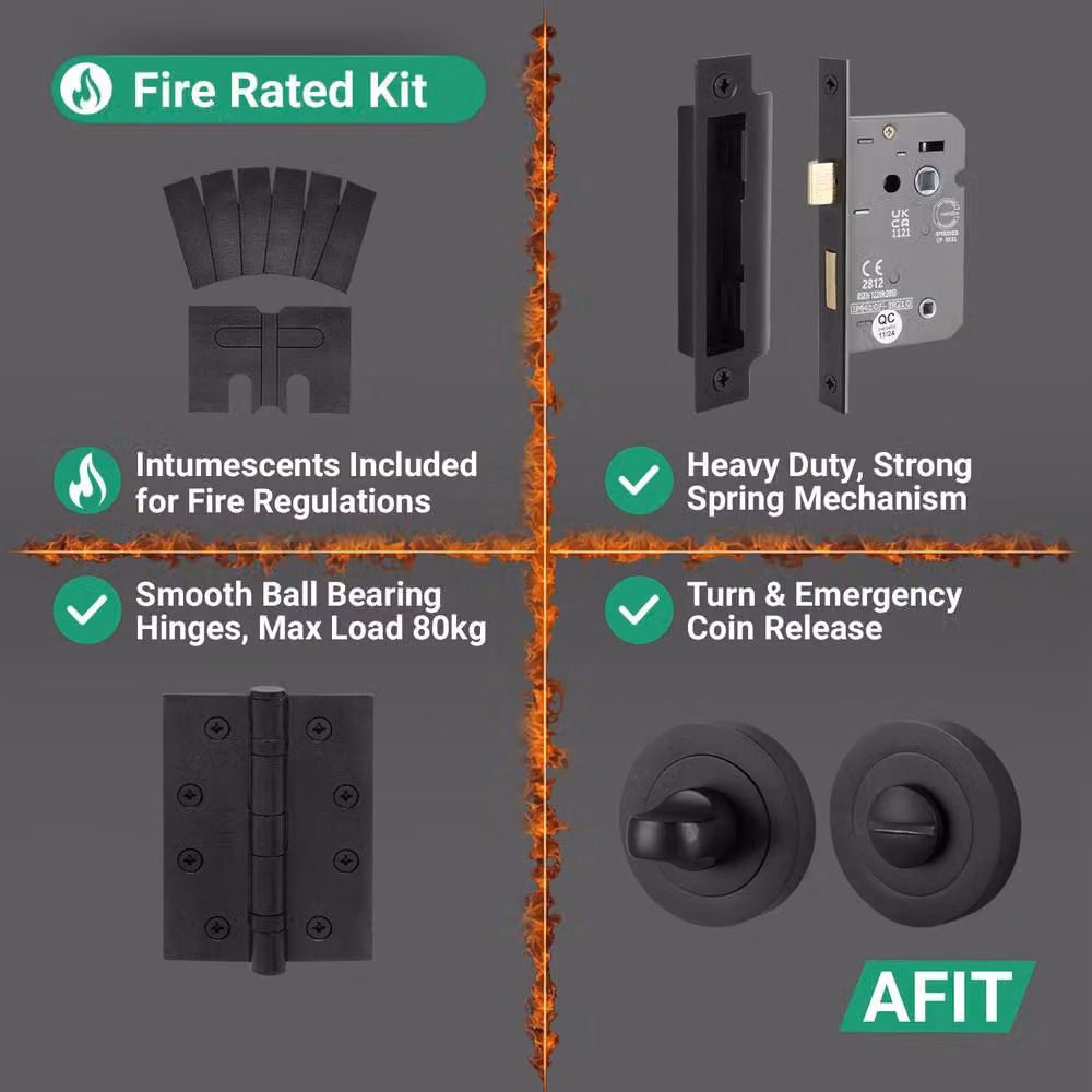 AFIT Matt Black Stainless Steel Fire Rated Return to Door Handles with Bath Lock and 64mm Hinges, W/D/H: 15 x 15 x 15 cm – 5