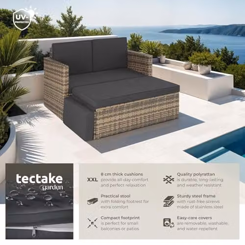 tectake Rattan Garden Furniture Set with 2 Seater Sofa and Ottoman in Brown and Grey with Powder Coated Steel Frame and UV-Resistant Cushions – 2