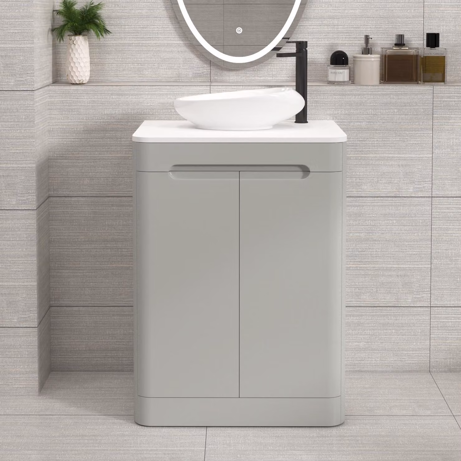 Royal Bathrooms Venice 600mm Floor Standing 2 Door Vanity Unit in Dove Grey with Plain White Worktop and Nova Basin