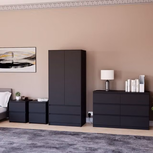 Vida Designs Denver 4 Piece Black Bedroom Set including 2 Bedside Tables, 6 Drawer Chest and Wardrobe