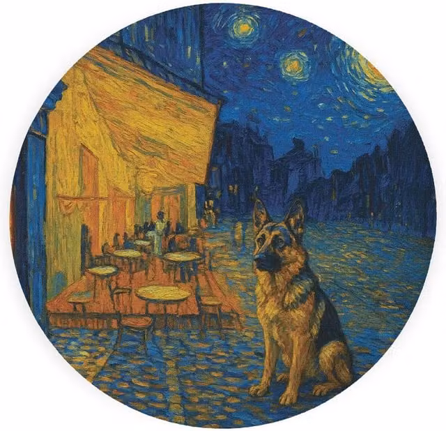 Purely Home Van Gogh German Shepherd Textured Glass Round Trivet in Blue