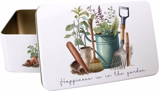 Purely Home Happiness is in the Garden Metal Storage Tin, Multicoloured and White