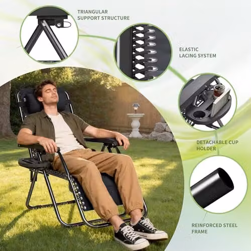 MCC Direct Set of 2 Zero Gravity Reclining Sun Lounger Chairs in Black Oxford Fabric – 4