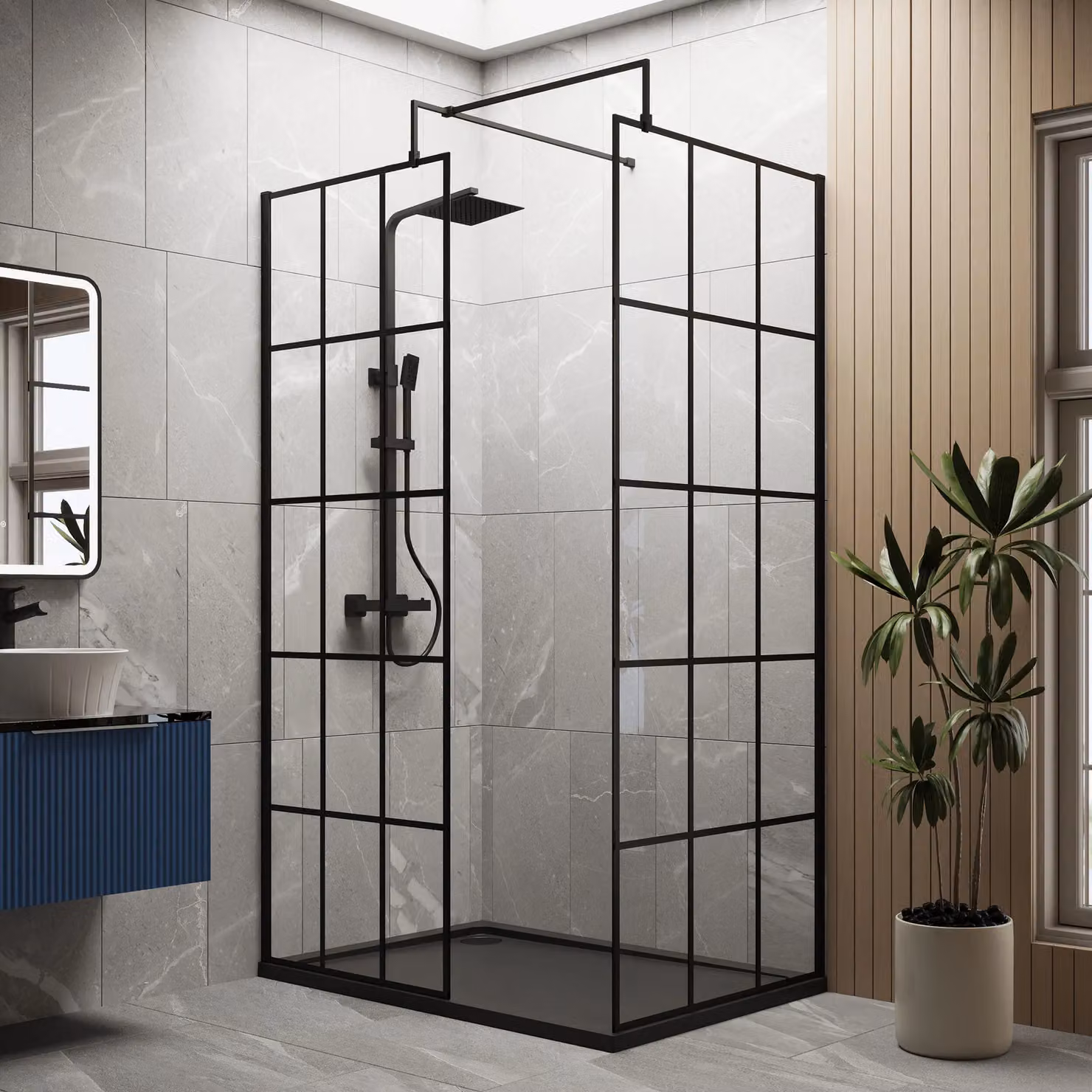 Balterley Walk-In Rectangular Glass Wetroom Screen and Tray with Frame Design, Black and Grey, W: 1200 mm, D: 700 mm – 2