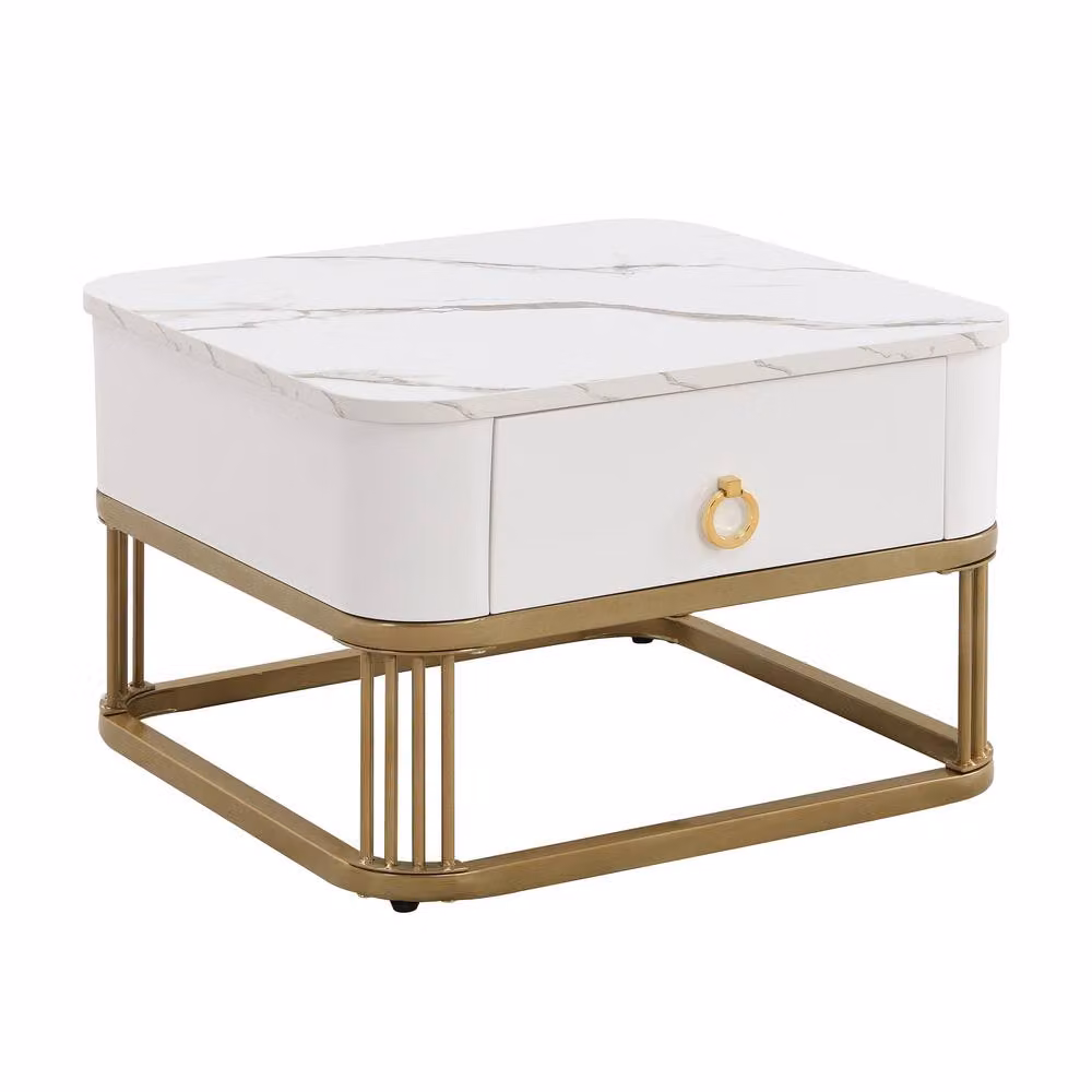 BTM Set of 2 Nesting Tables in White High-Gloss Marble Finish with Drawer – 5