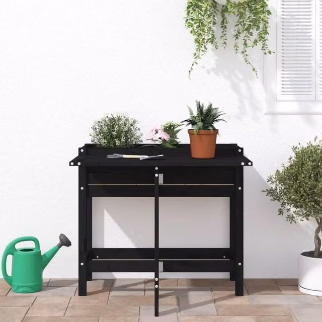 Berkfield Home Beautiful Garden Planter with Folding Tabletop in Black Solid Pine Wood, W/D/H: 75.0 x 73.0 x 73.0 cm