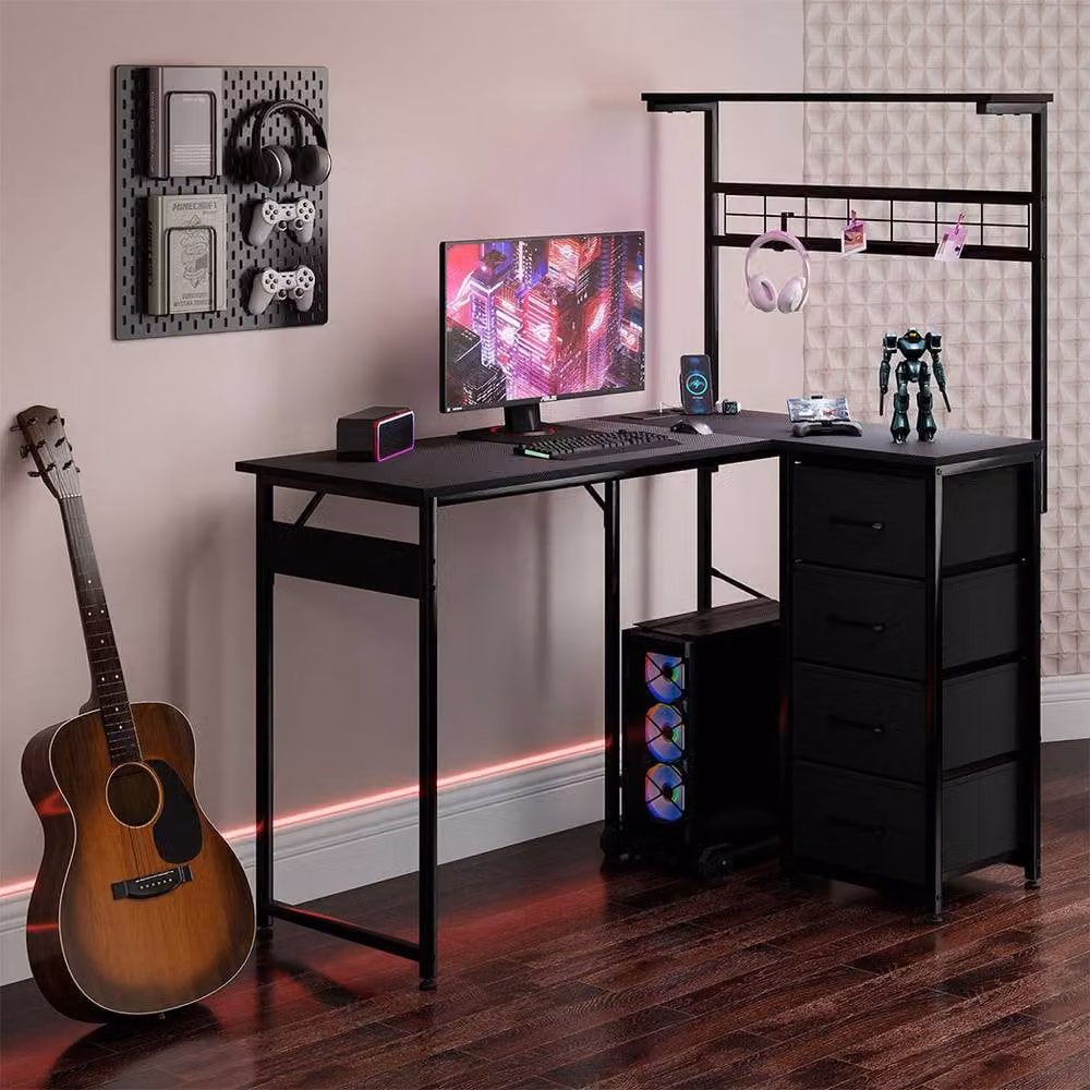 Levede L-Shaped Gaming Desk with LED and Power Socket in Black – 2