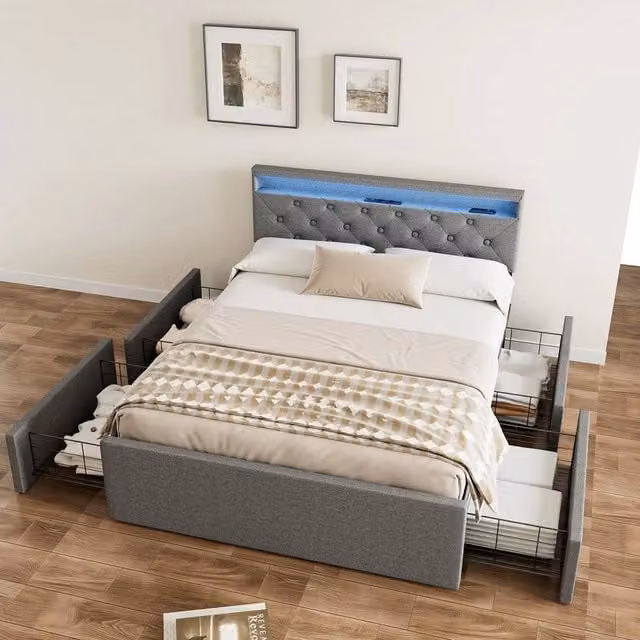 SPETLEK OUBLE Upholstered Storage Bed Frame with Drawers and Under-bed Lighting, Grey, W/D/H: 140 x 200 cm