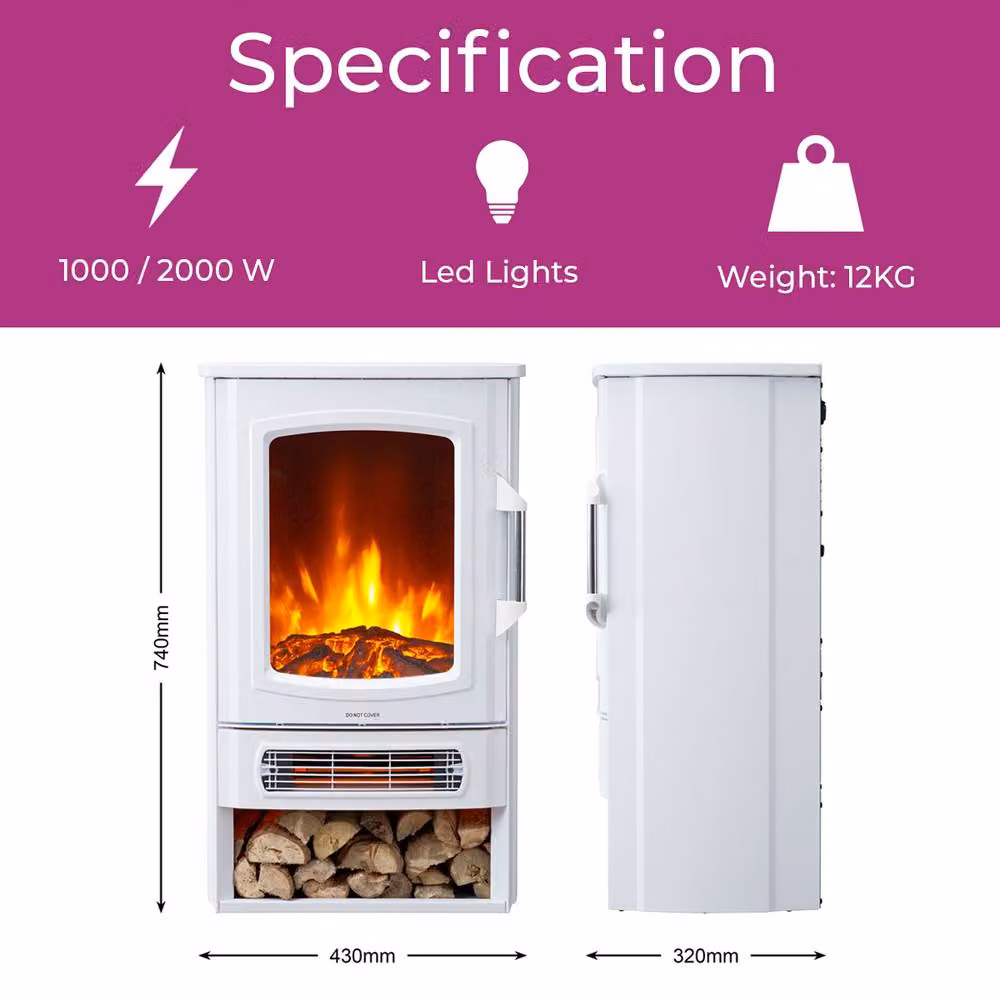 Neo Electric Heater with Realistic Flame and Log Store, White, W/D/H: 74 x 43 x 32 cm – 5