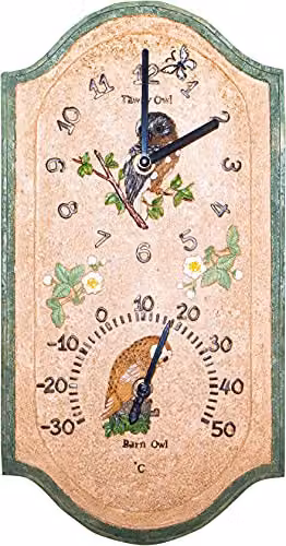 St Helens Home & Garden Outdoor Weather Resistant Owl Design Analog Quartz Clock and Thermometer in White and Multicolour