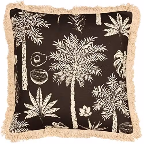 Paoletti Colonial Palm Square Floral Cushion in Brown with Removable Polyester Cover