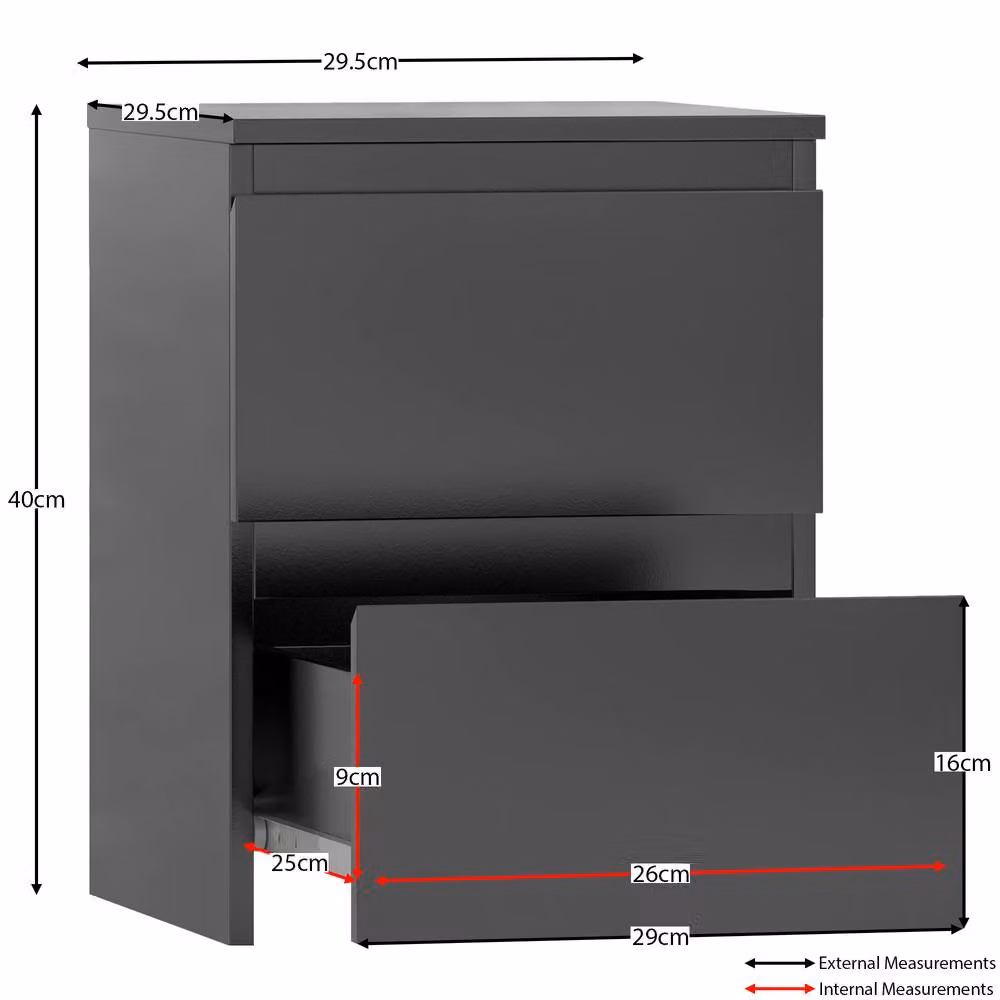HD Designs Denver 2 Drawer Bedside Chest in Black, W/D/H: 4.0 x 2.95 x 2.95 dm – 2