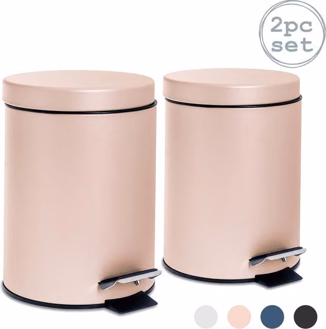 Harbour Housewares Pack of 2 Round Bathroom Pedal Bins, 3 Litre, Matt Pink